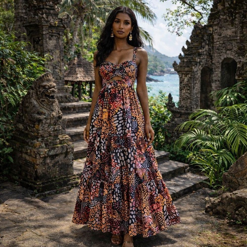 Anthropologie Dress geisha designs tiered cut out pleated maxi beaded print Med